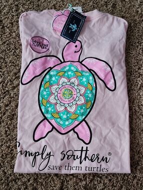 Simply Southern Pink Short Sleeve Tee with Turquoise & Yellow Turtle Graphic